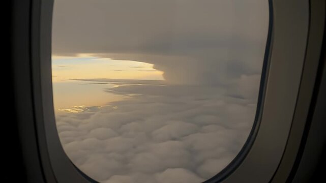 A Serene Aerial View Through Airplane Window Over Golden Clouds At Sunset