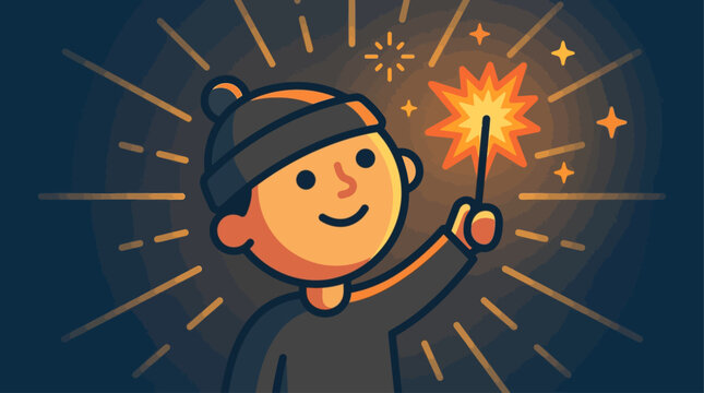 A heartwarming flat design illustration of a happy child holding a glowing sparkler, capturing the innocent joy of Bonfire Night. 