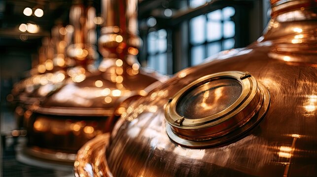 Gleaming copper stills in a row, industrial brewery setting, warm light