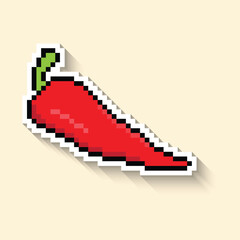 Obraz premium Chili pepper long shadow sticker 8 bit vector icon for computer game logo