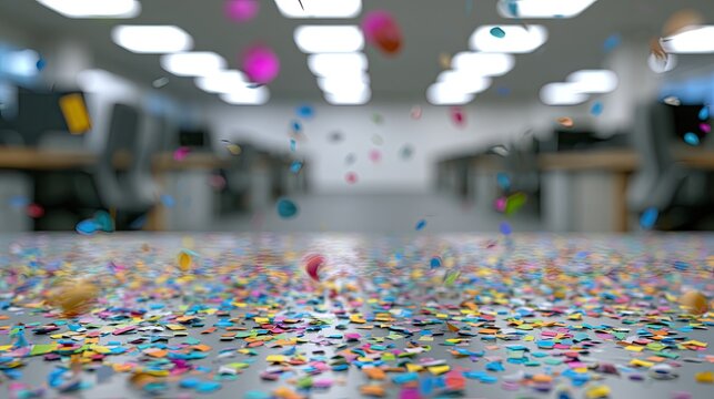Colorful confetti showers an office space, creating a festive atmosphere