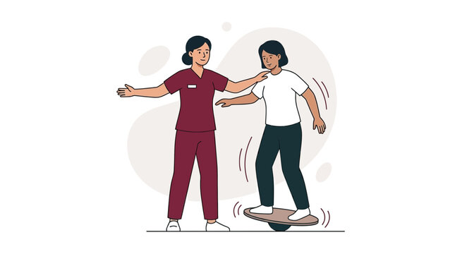 Nurse assisting patient with balance training on a wobble board for physical therapy and rehabilitation