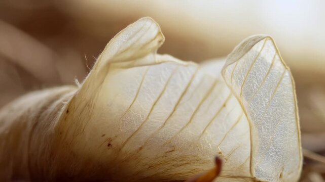Close-up of translucent insect exoskeleton shedding process, revealing intricate details and textures against a blurred natural background