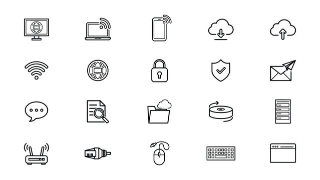 Collection of simple line icons representing various technology and internet related concepts with transparent background