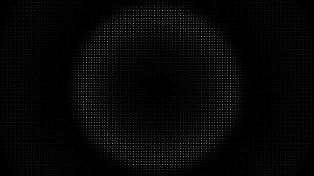 White Pixel Dots Forming Dynamic Sonar Wave Rings Pulsing and Expanding on Black Background, Flickering Particle Light Waves Radiating Outward and Fading Into Dark Void, Abstract Motion Background