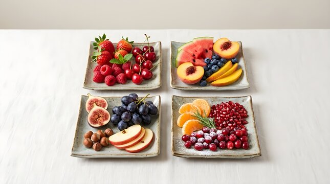 Four square ceramic plates featuring an assortment of fresh sliced fruits, berries, and nuts.