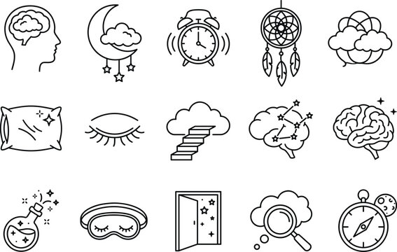 Healthy sleep and dream psychology line icon set featuring brain moon alarm clock dreamcatcher and pillow