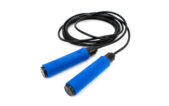 Blue exercise jump rope with black handles and cord on transparent background for fitness training