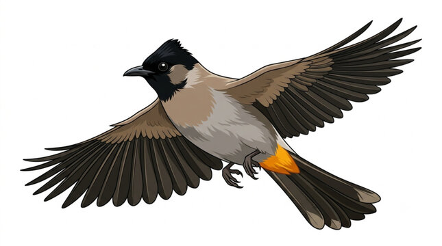 Tropical bulbul bird flying with wide open wings vector clipart design element