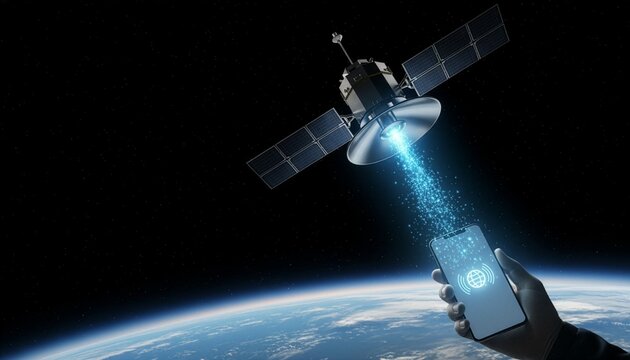 A 3D illustration of a communication satellite emitting a blue data beam to a smartphone held by a hand above Earth, representing global satellite internet coverage and mobile connectivity.