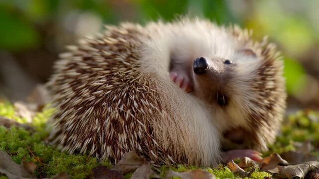Hedgehog curled up on green mossy ground, gradually shifting position while surrounded by fallen leaves and soft natural light in a forest setting