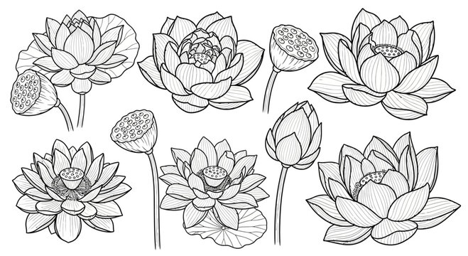 Set of Hand-Drawn Lotus Flowers and Seed Pods Black and White Illustration