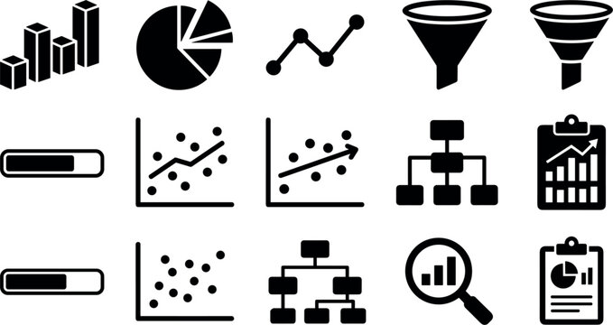 Business Analytics and Data Visualization Black Silhouette Icon Set Featuring Financial Charts, Pie Diagrams, Sales Funnels, Scatter Plots, and Flowcharts Vector Graphics