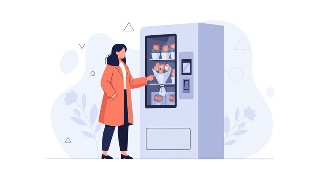 Woman Buying Flowers From a Vending Machine - Vector Illustration