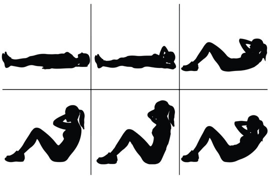 Woman Sit-Up Exercise Step-by-Step Sequence black Silhouette