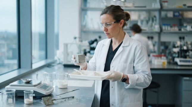 Materials scientist testing a cement additive with concrete cube, powder tray, digital scale, and lab glassware