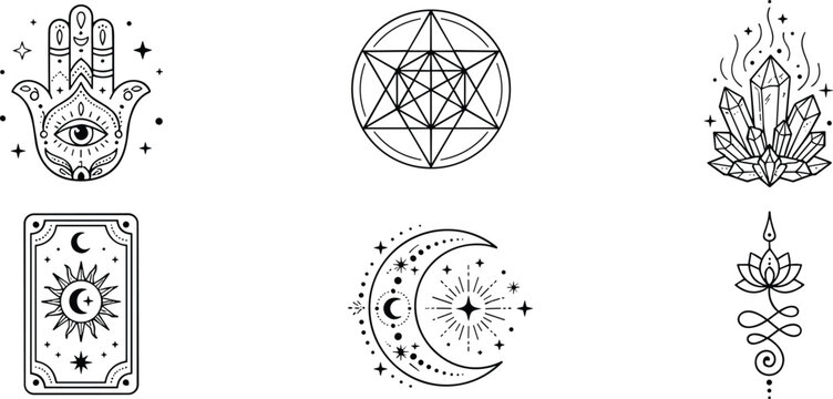 Esoteric mystical line icon set featuring hamsa hand tarot card crescent moon crystal lotus and sacred geometry symbols for spiritual design vector illustration