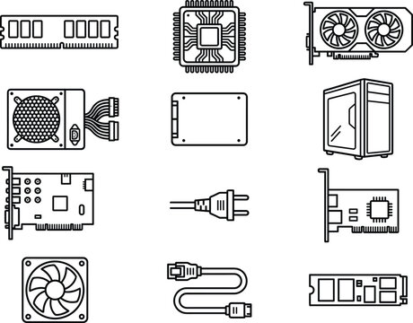 Desktop PC component and computer hardware line icon set featuring processor, graphics card, RAM, and SSD storage