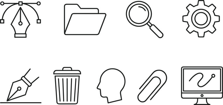 Graphic design and digital art creation line icon set featuring pen tool vector path folder magnifying glass gear trash bin head clip and computer monitor symbols