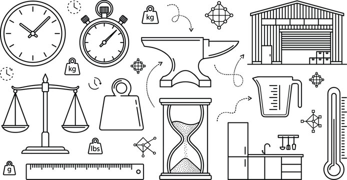 Industrial workshop and weight measurement line icon set featuring warehouse clock anvil balance scales calibration weights hourglass ruler thermometer and kitchen furniture elements