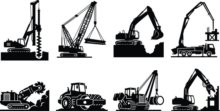 Set of heavy construction machinery vector icons showing drilling rig crawler crane excavator concrete pump road roller and demolition