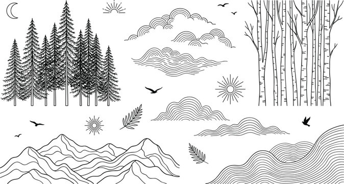 Landscape element collection with pine forest mountains and birch trees, vector black and white line art coloring page illustration isolated on white background.