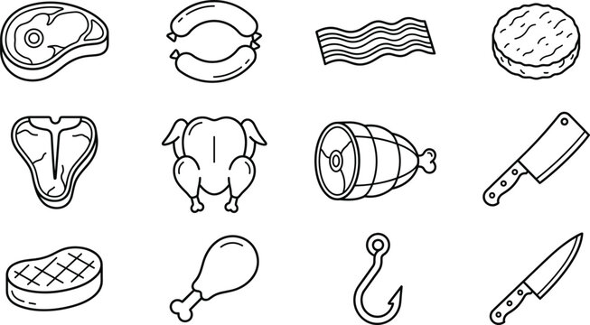 Raw meat and butcher line icon set featuring steak, chicken, sausage, bacon, ham, burger patty, and knives