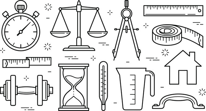 Measurement tools and metrics line art icon set featuring stopwatch scales ruler compass measuring tape hourglass thermometer beaker dumbbell and house dimensions symbols