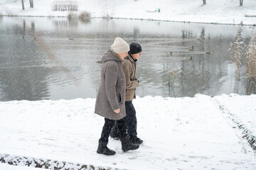 Obraz premium Senior couple walking arm in arm on snowy path. Love knows no age for a loving couple. Tenderness survives cold and affection warms more than clothing. Devoted partners embracing in winter landscape