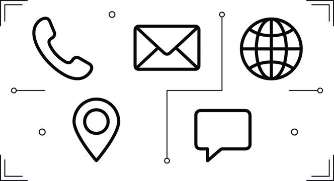Contact us business communication line icon set featuring phone handset envelope mail global website map pointer location and chat bubble symbol