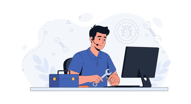 Technical Support Technician Working on Computer with Tools, Representing IT Support, Bug Fixing, and Maintenance Services