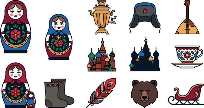 Traditional Russian Culture and Souvenir Icon Set Featuring Matryoshka Nesting Dolls, Samovar, Balalaika, Ushanka Hat, and Kremlin Architecture Vector Graphics