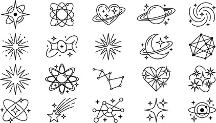 Collection of hand drawn space and science themed icons in doodle style with space exploration constellation universe astronomy celestial astrophysics collection minimalist © Golzar