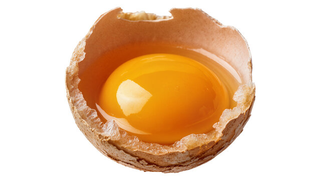 Isolated cracked brown eggshell with vibrant yellow yolk and clear egg white, fresh ingredient