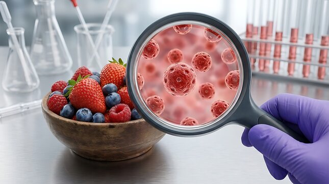Scientist examining fresh berries with a magnifying glass revealing bacteria and virus cells, illustrating food safety testing and contamination inspection in a laboratory.
