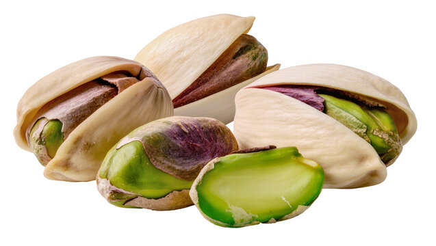 Isolated ripe pistachios with open shells showing green and purple kernels, healthy snack food