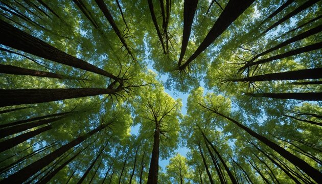 Worms eye view looking up at tall green forest trees reaching toward the blue sky.