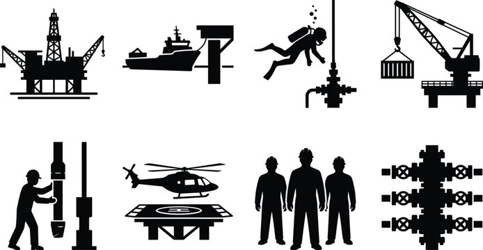 Set of offshore oil rig icons showing drilling platform supply vessel commercial diver crane helideck workers and wellhead vector