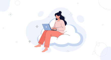 Obraz premium Woman Relaxing on Cloud with Laptop, Digital Nomad Concept, Cozy Work from Home Illustration