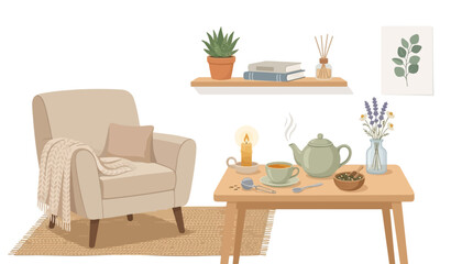 Fototapeta premium Cozy Afternoon Tea: A serene corner of a living room features a comfortable armchair draped with a soft blanket, a small wooden table set with a steaming cup of tea, a teapot, and a scented candle.
