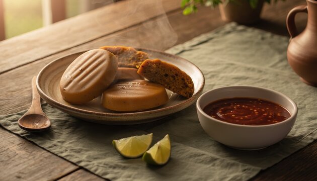 Steaming Moin Moin Served with Spicy Sauce and Lime Wedges