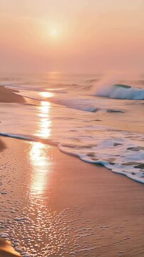 Golden ocean sunset waves with glowing sunlight reflection over the sea, peaceful coastal landscape background in vertical format