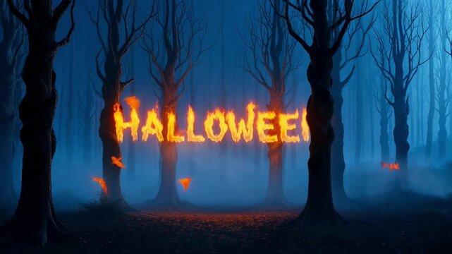 Halloween text made of fire in a dark misty forest with flying bats