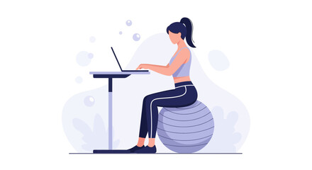 Fototapeta premium Woman working on laptop while sitting on an exercise ball, promoting active and healthy lifestyle at home or office