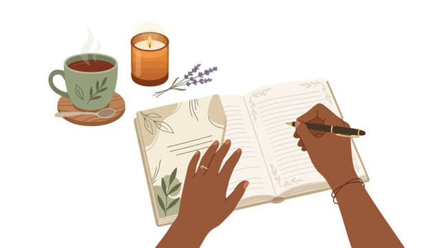 Journaling Serenity: Hands delicately hold a pen, poised to write in a beautifully illustrated journal, beside a steaming cup of tea and a fragrant candle.