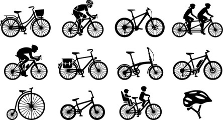 Obraz premium Bicycle & Cycling silhouette icon set, flat black glyph style, pure white background