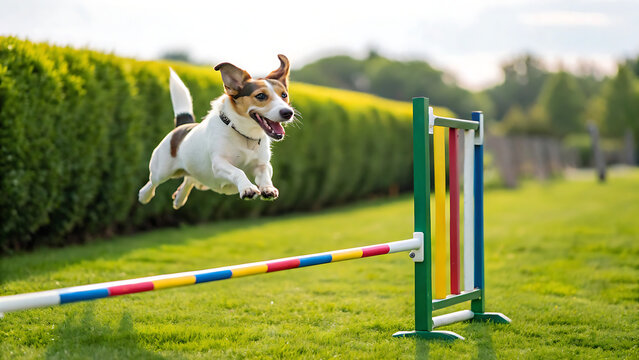 Happy dog jumping over agility hurdle. Active mixed breed pet training in summer park.