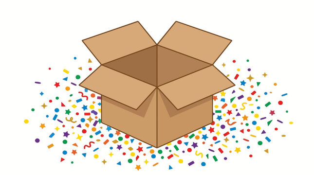 Open Box Surprise: An open cardboard box sits surrounded by a festive explosion of colorful confetti, symbolizing a joyous reveal or unexpected gift.