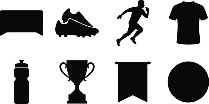Set of soccer and football equipment vector icons featuring cleats goal net referee t-shirt trophy cup water bottle and pennant