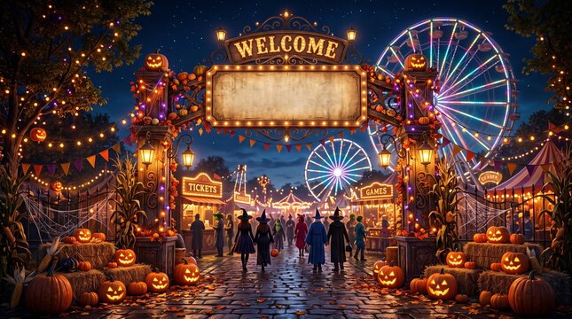 Colorful carnival at night with glowing rides and pumpkins.